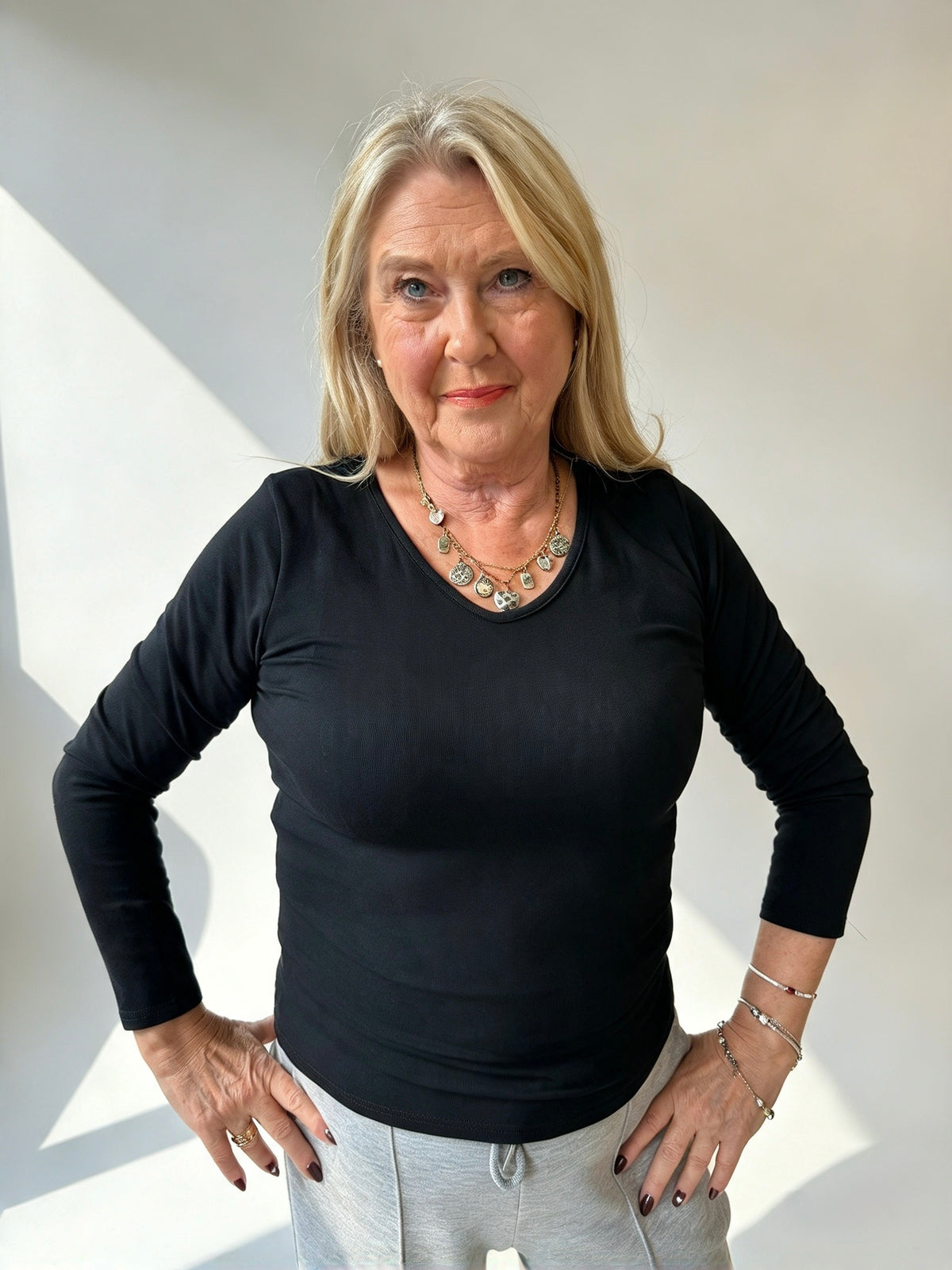 Black V Neck Long Sleeve Top