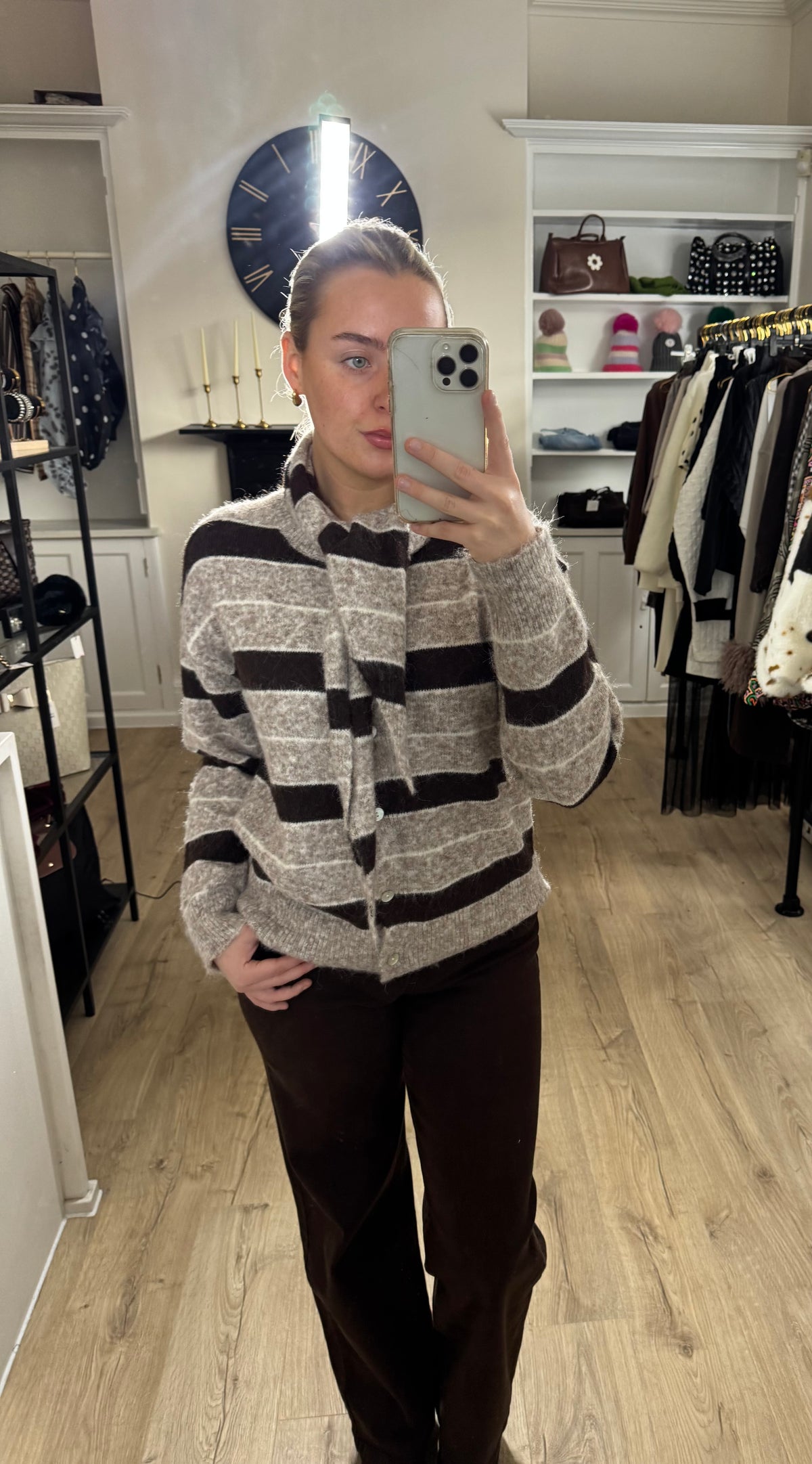 Brown Striped Cardigan With Removable Scarf