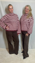 Burgundy & Pink Stripe Zip Up Knit Jacket