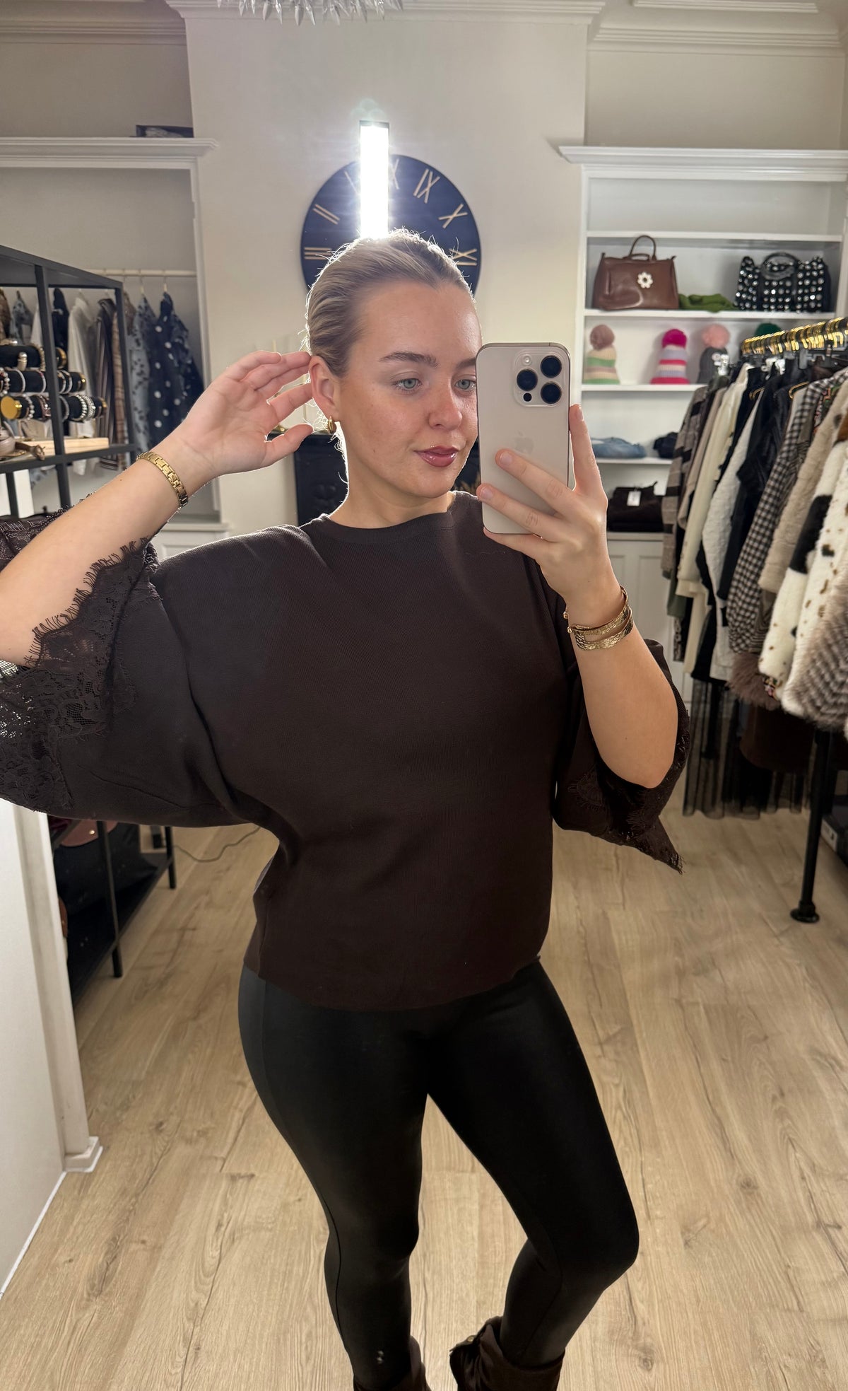 Chocolate Brown Batwing Sleeve Top With Lace Cuffs