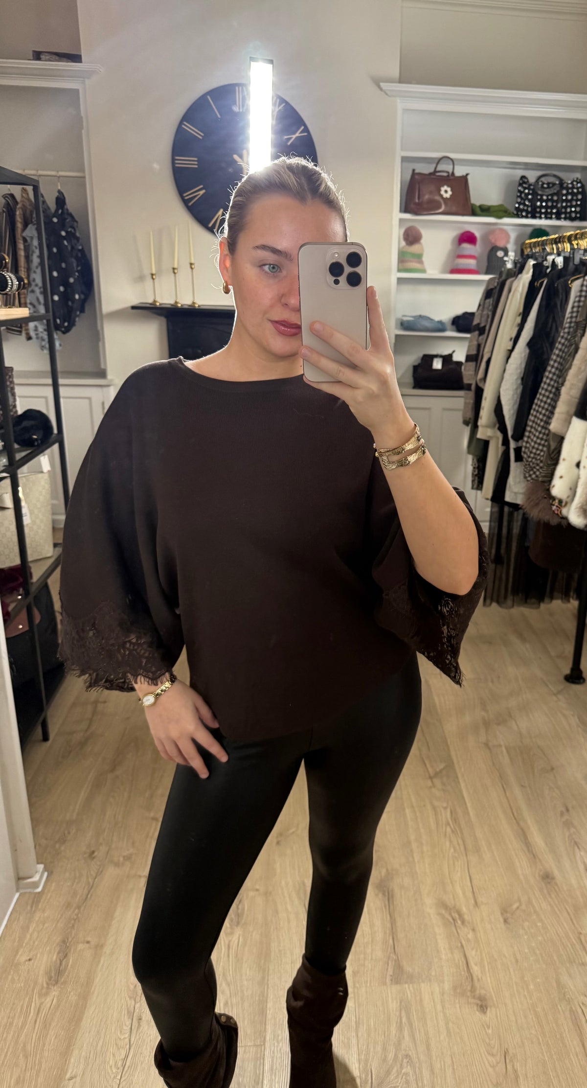 Chocolate Brown Batwing Sleeve Top With Lace Cuffs