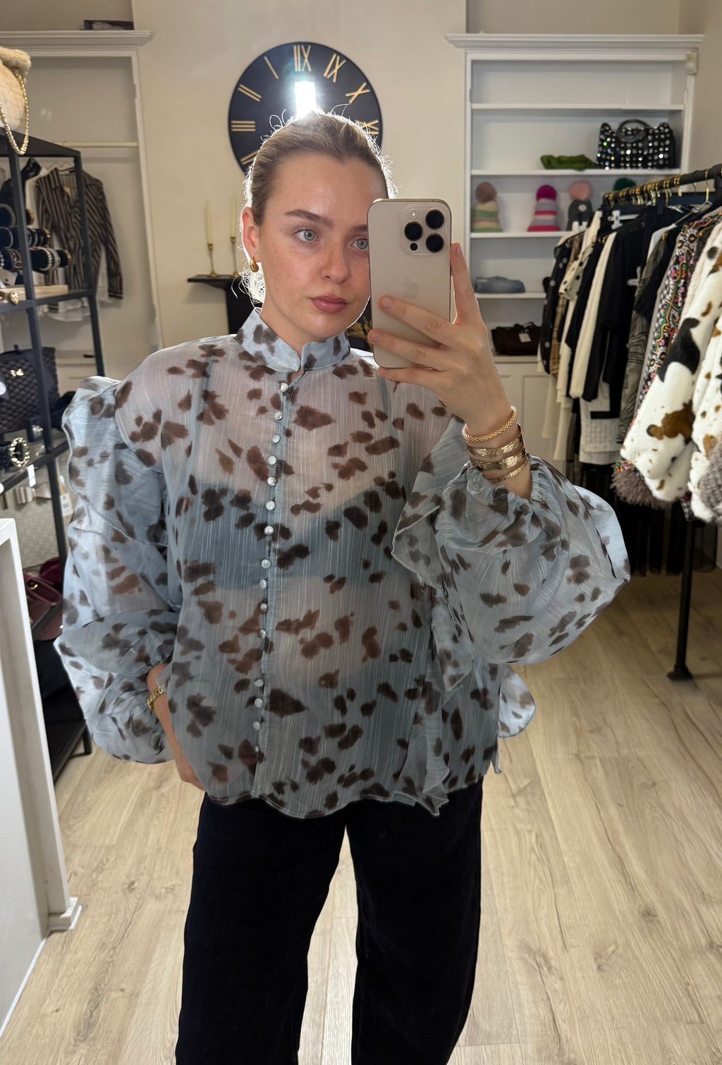 Sheer Soft Blue Blouse With Abstract Brown Spots