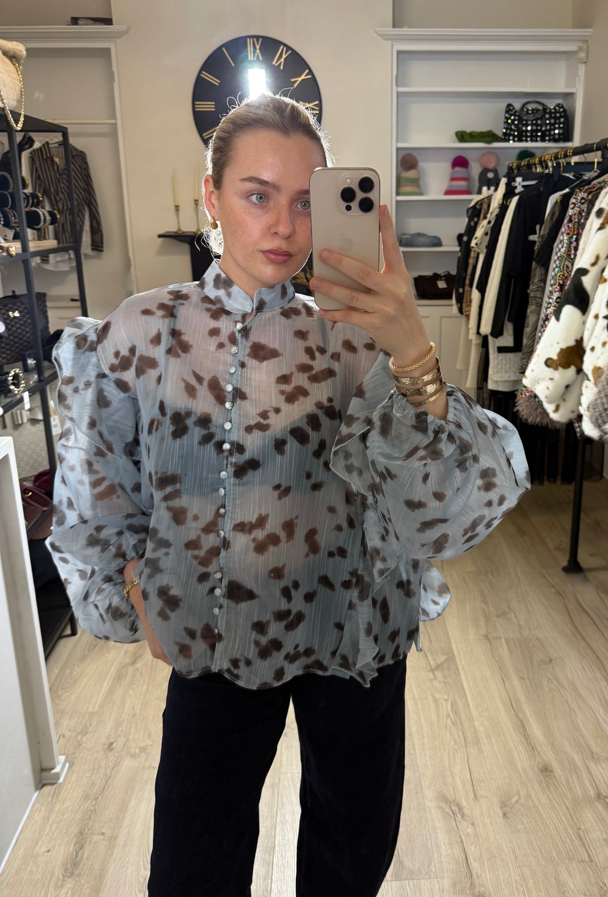 Sheer Soft Blue Blouse With Abstract Brown Spots