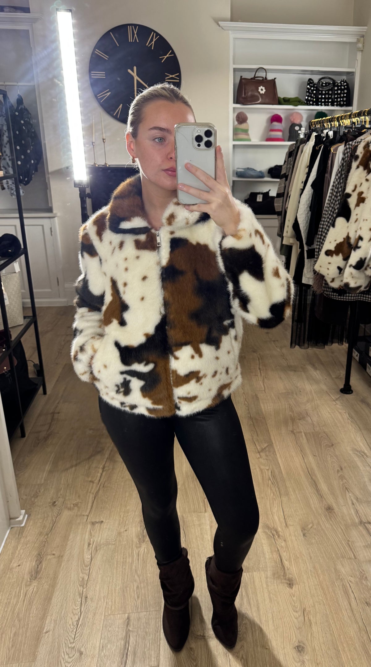 Alice Collins Cow Print Faux Fur Bomber Style Coat