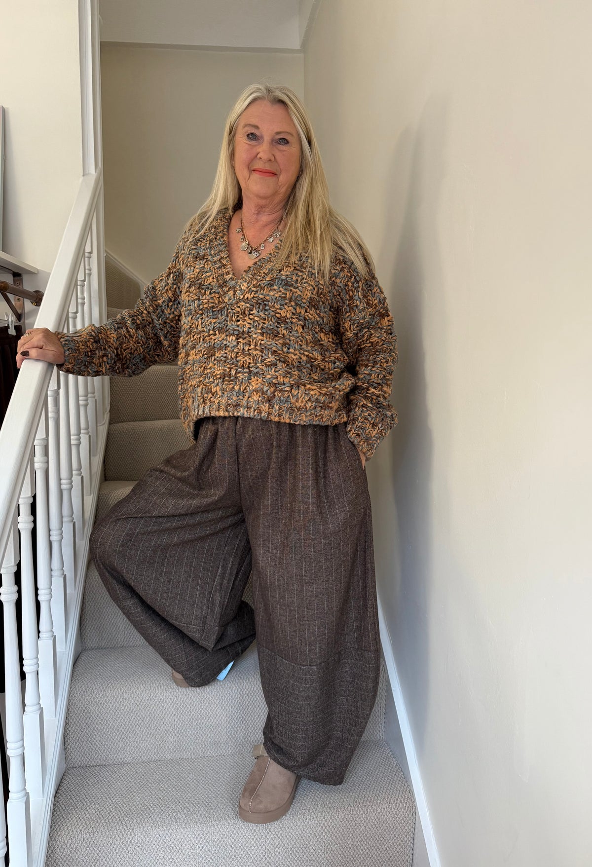 Brown Pin Stripe Wide Leg Trousers