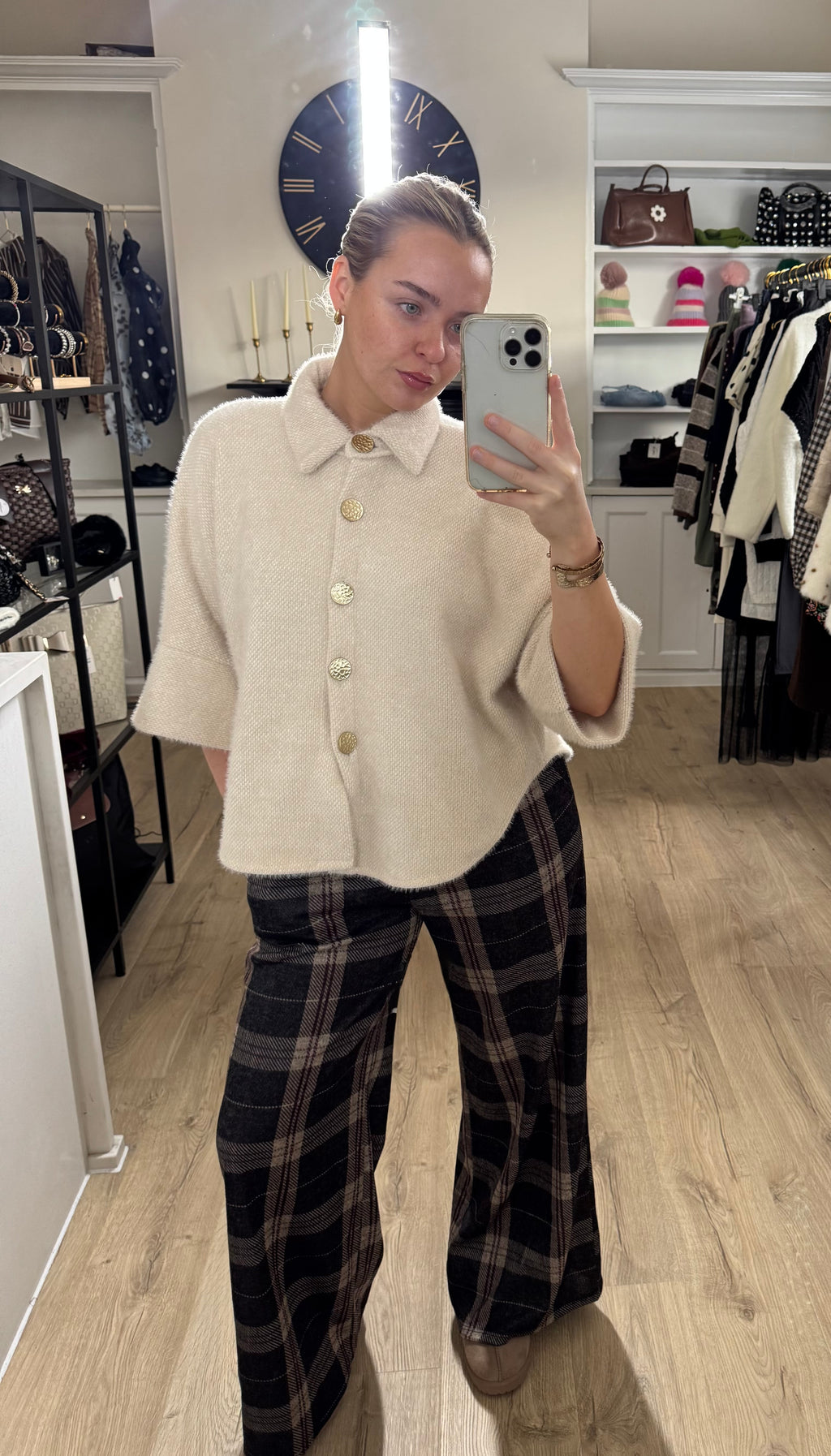 Cream Cardigan Top With Gold Button Detail