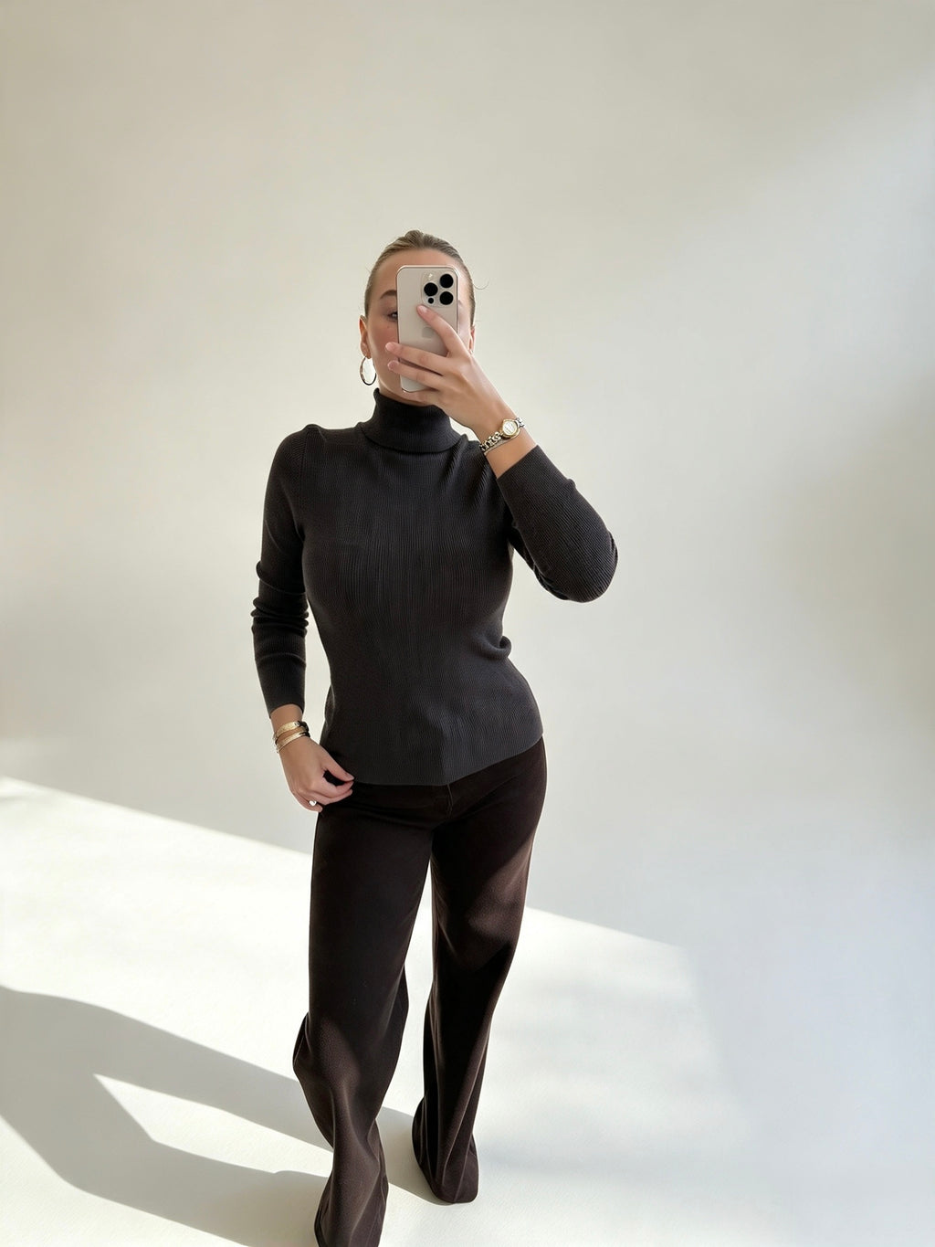 Charcoal Brown Ribbed Roll Neck Top