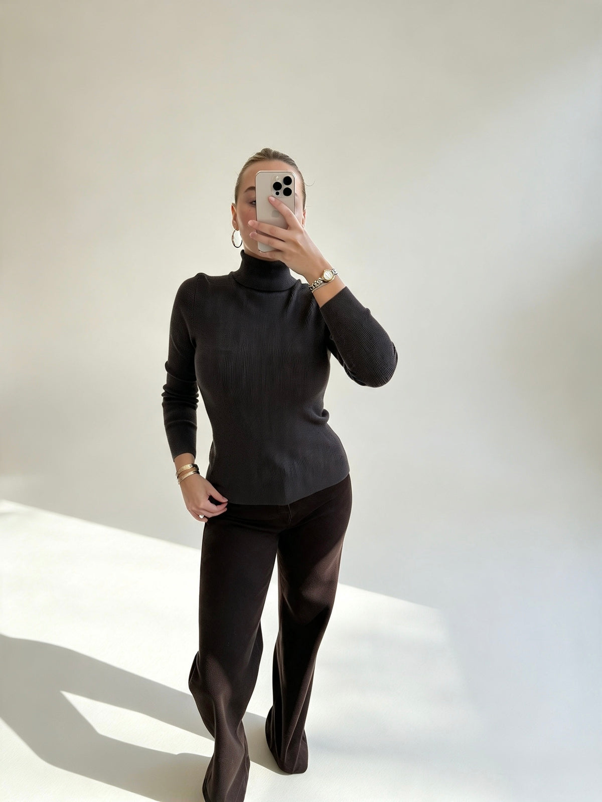 Charcoal Brown Ribbed Roll Neck Top