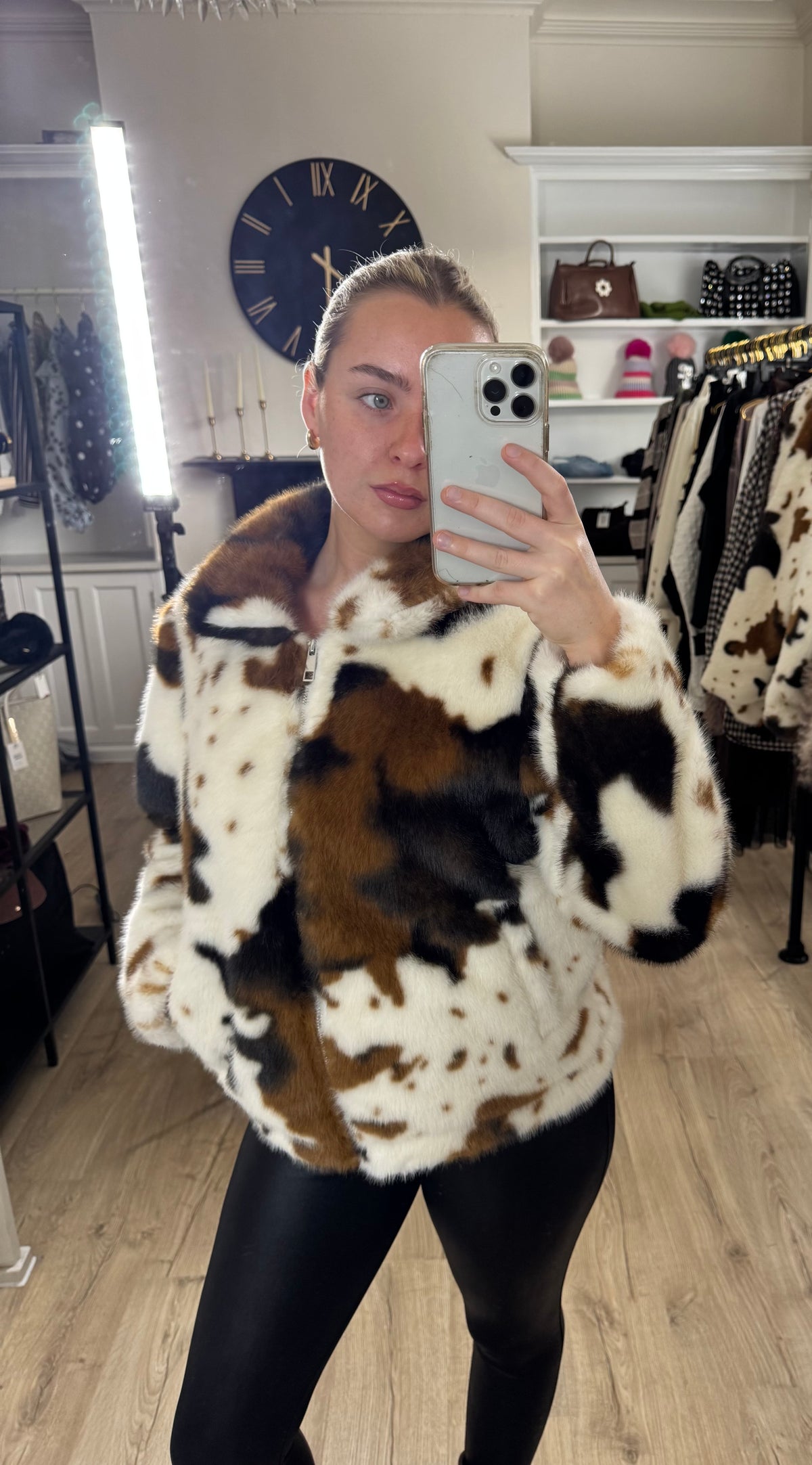 Alice Collins Cow Print Faux Fur Bomber Style Coat