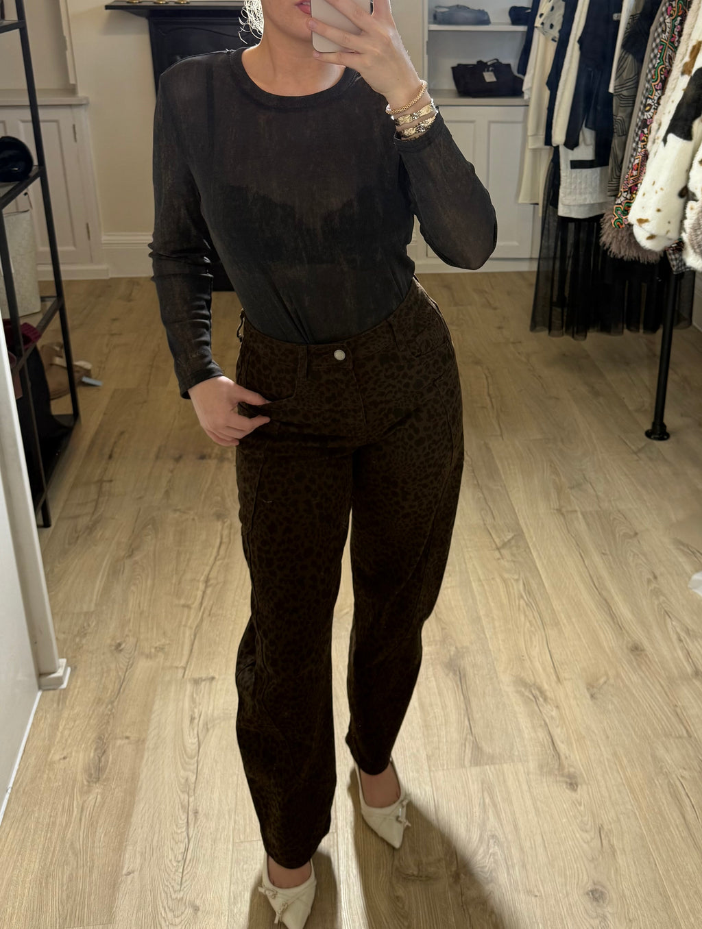 Dark Brown Leopard Print Barrel Jeans