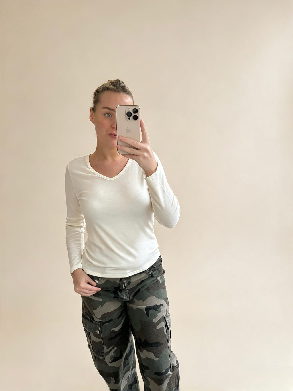 Creamy White V Neck Long Sleeve Top