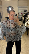 Sheer Soft Blue Blouse With Abstract Brown Spots