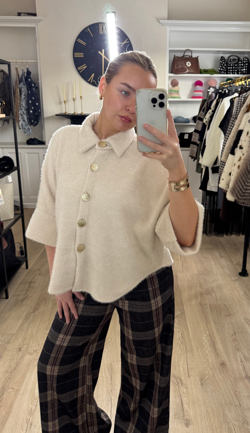 Cream Cardigan Top With Gold Button Detail