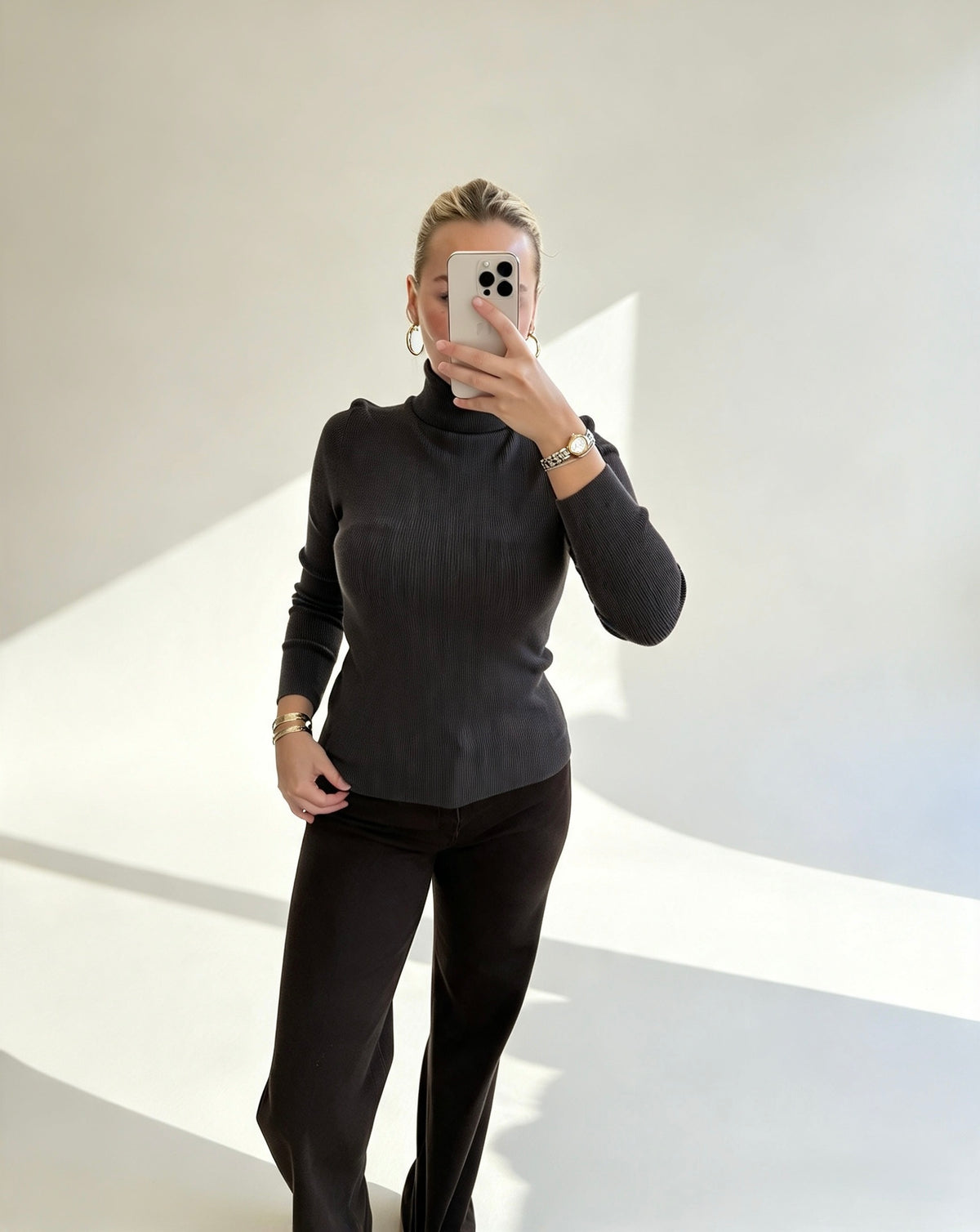 Charcoal Brown Ribbed Roll Neck Top