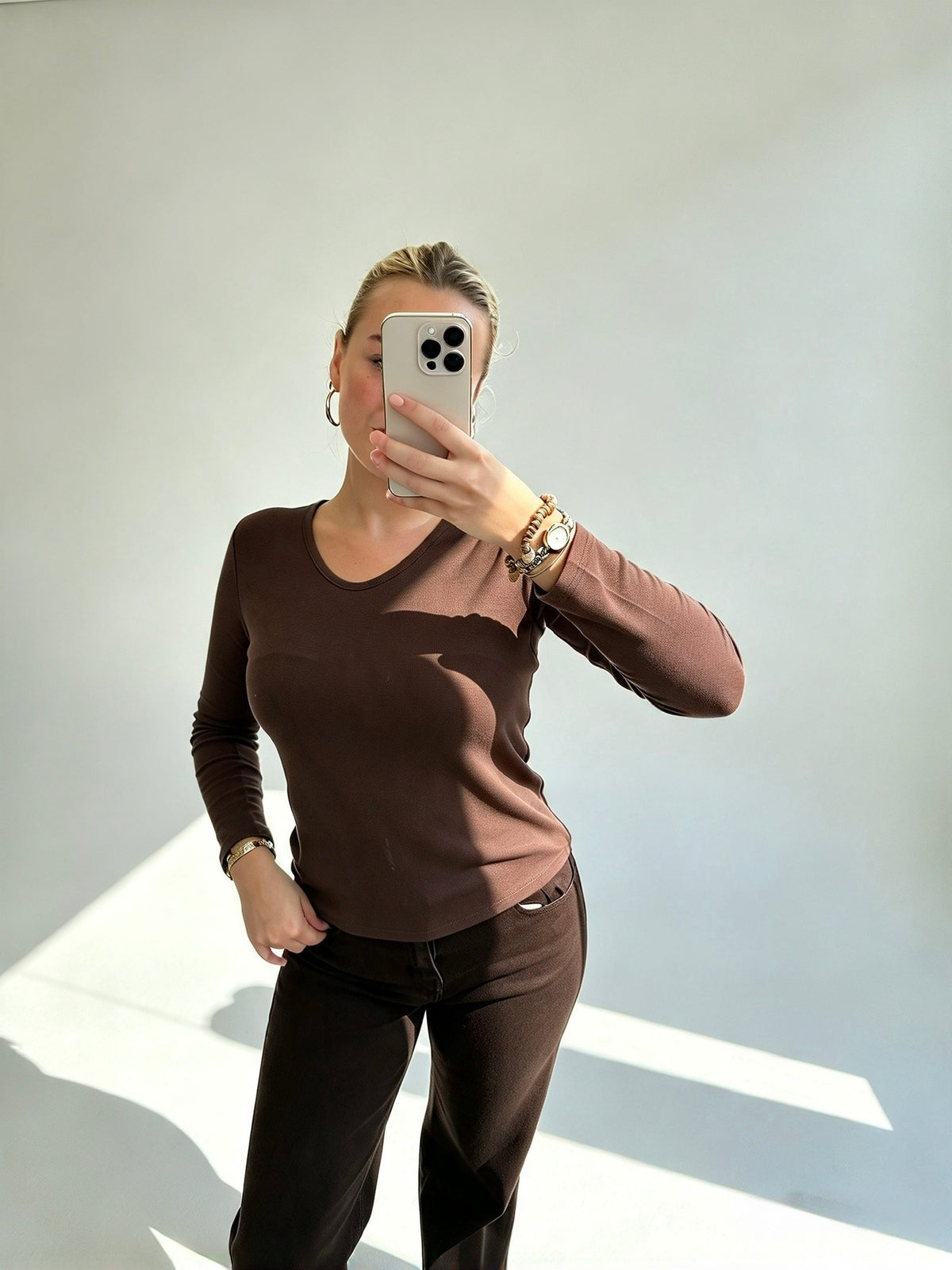 Brown V Neck Long Sleeve Top