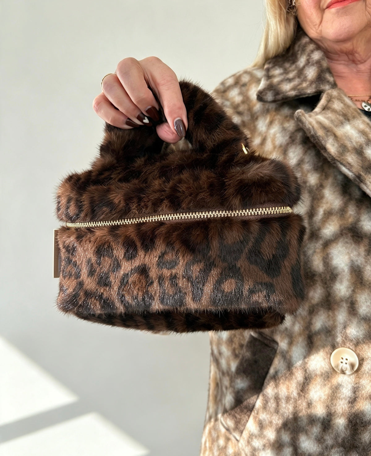 Dark Leopard Print Faux-Fur Pouch Style Bag