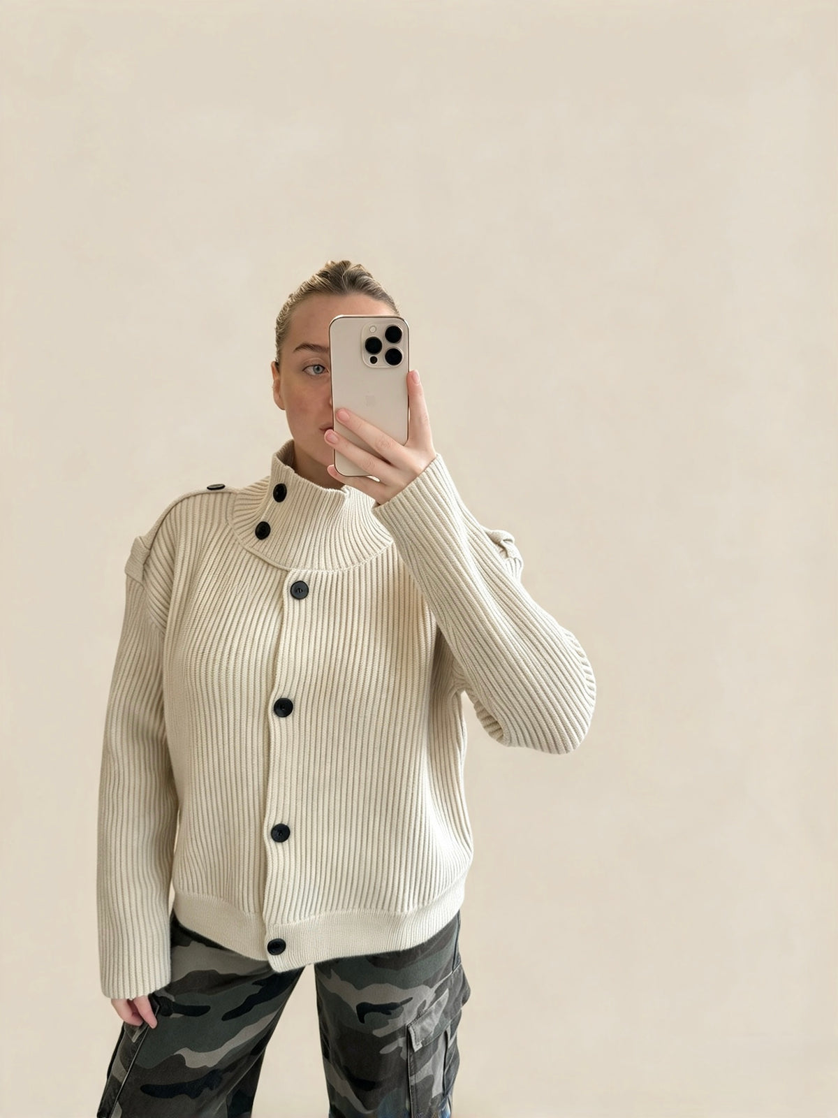 Cream Ribbed Funnel Neck Button Through Cardigan