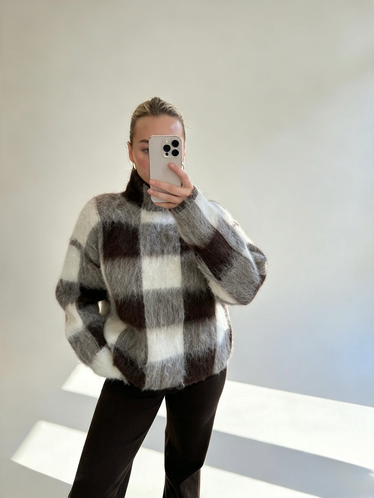 Brushed Check High Neck Jumper