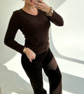 Brown V Neck Long Sleeve Top