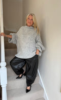 Grey Funnel Neck Oversized Knit Jumper