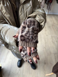 Taupe-Brown Leopard Print Faux Fur Trim Fingerless Gloves