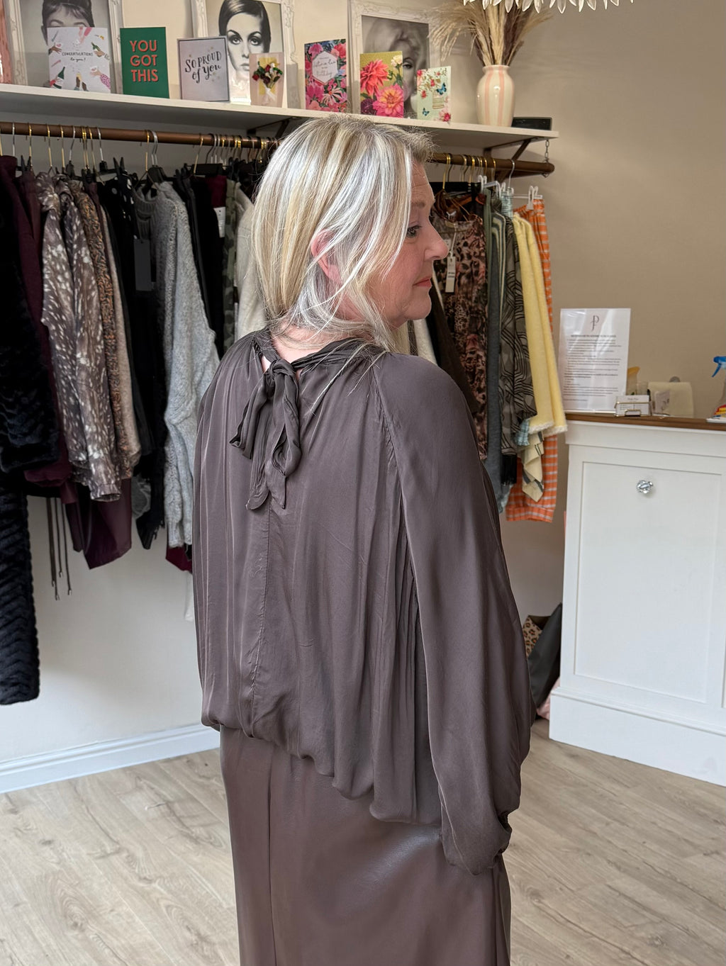 Brown Satin Feel Balloon Sleeve Top