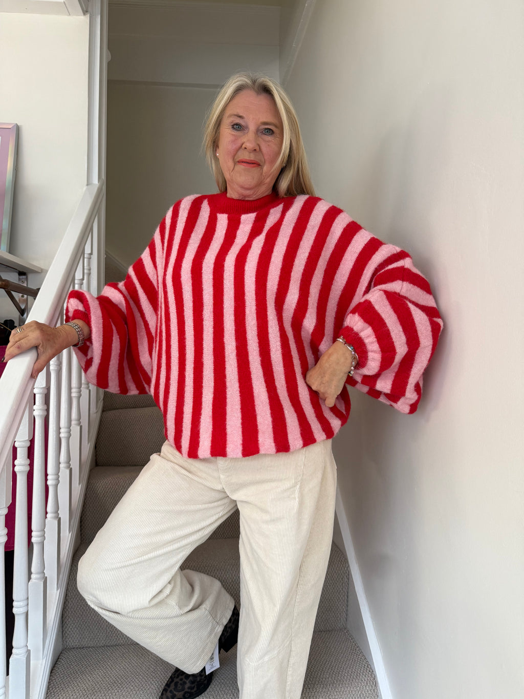 Red & Pink Stripe Batwing Jumper