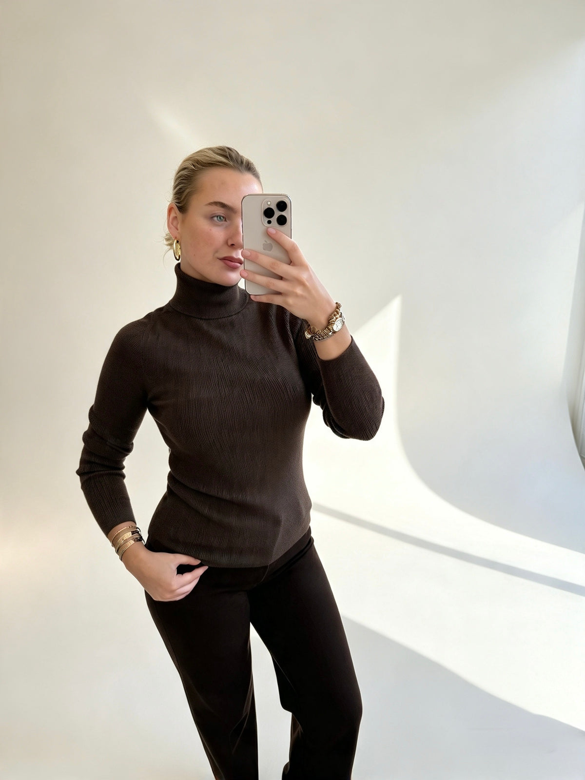 Deep Brown Ribbed Roll Neck Top