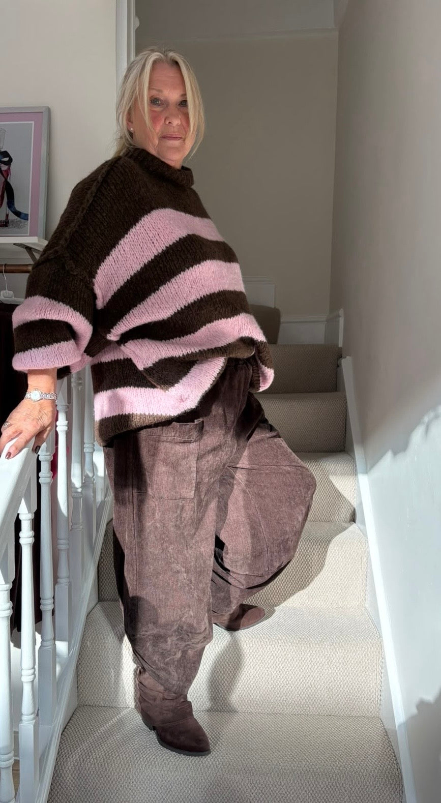 Chocolate & Pink Striped Funnel Neck Knit Jumper