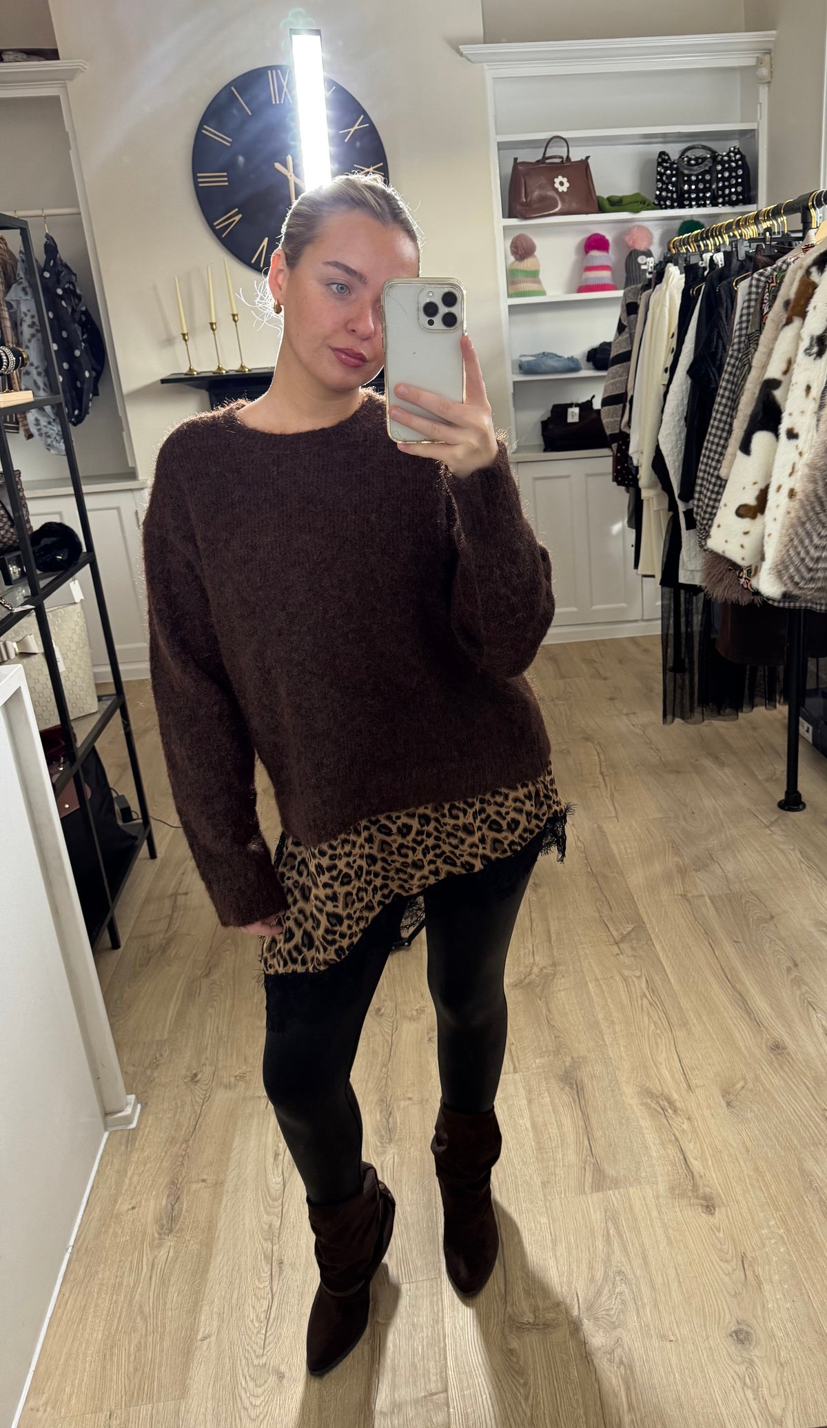 Brown Oversized Knit Jumper with Leopard Print Lace Hem
