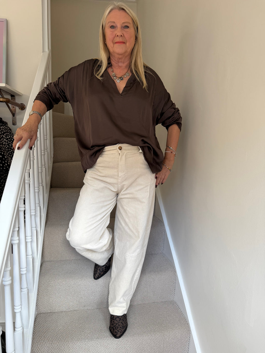 Cream Wide‑Leg Corduroy Trousers