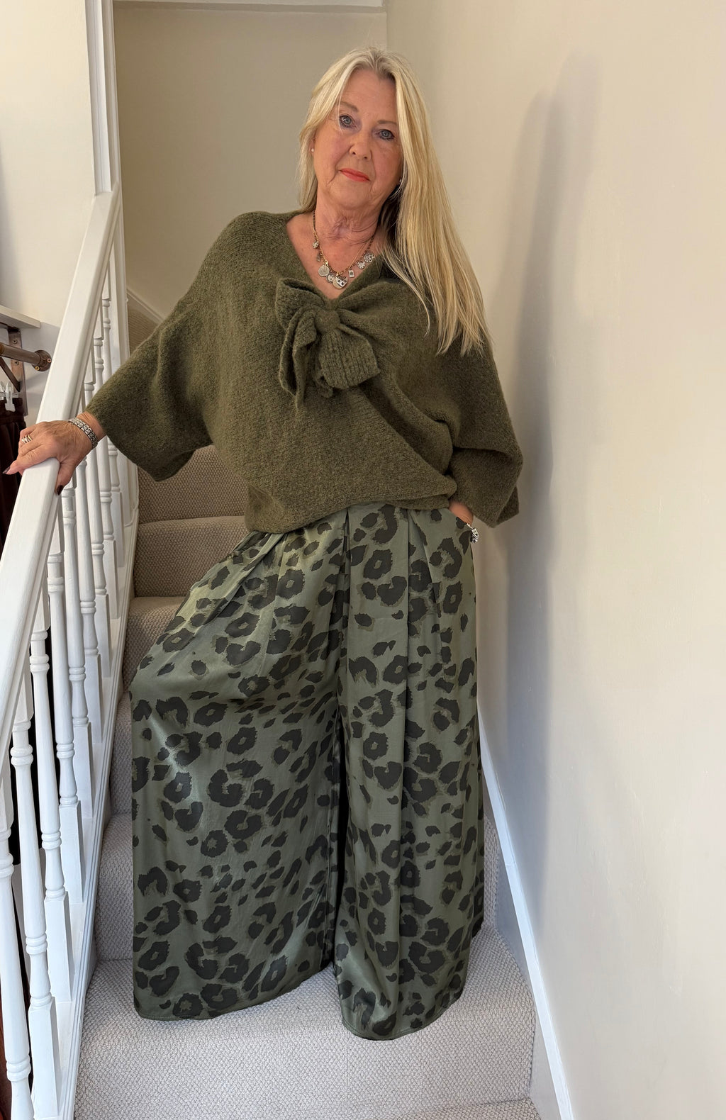 Olive Green Bow Detail Bat Wing Knit Top