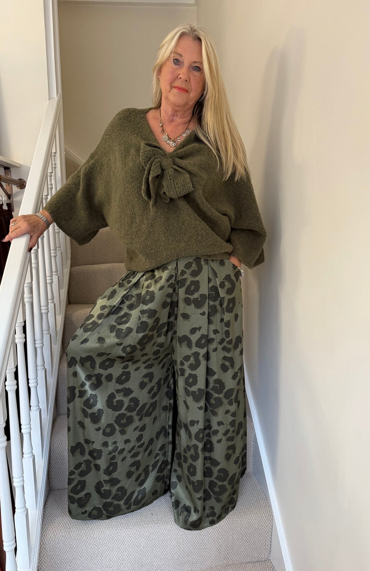 Olive Green Bow Detail Bat Wing Knit Top