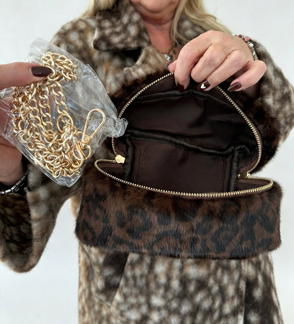 Dark Leopard Print Faux-Fur Pouch Style Bag
