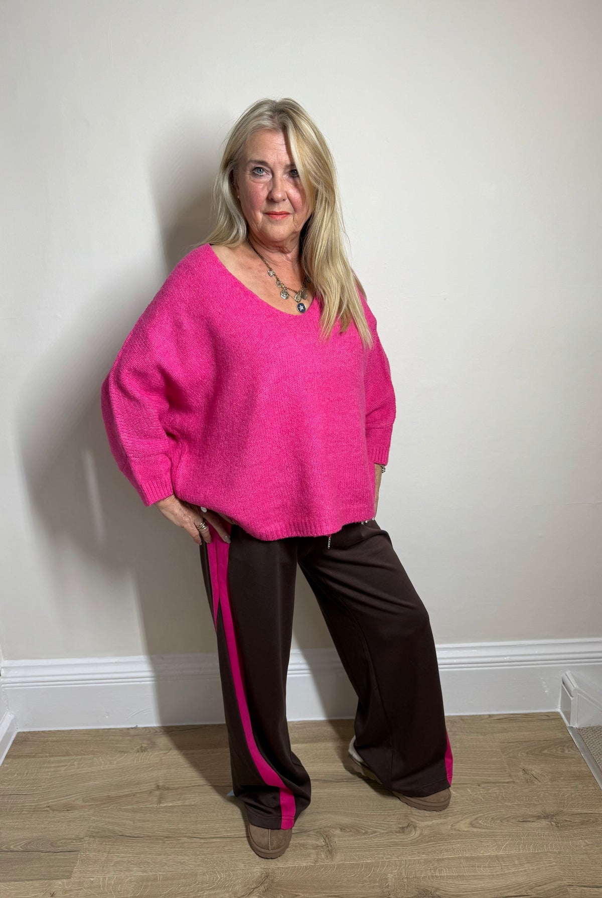 Malissa J Chocolate & Bright Pink Side-Stripe Wide-Leg Joggers