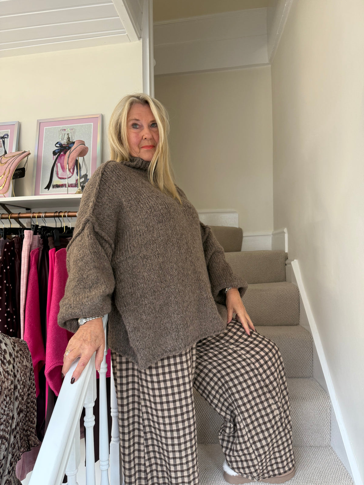 Warm Taupe Brown Funnel Neck Oversized Knit