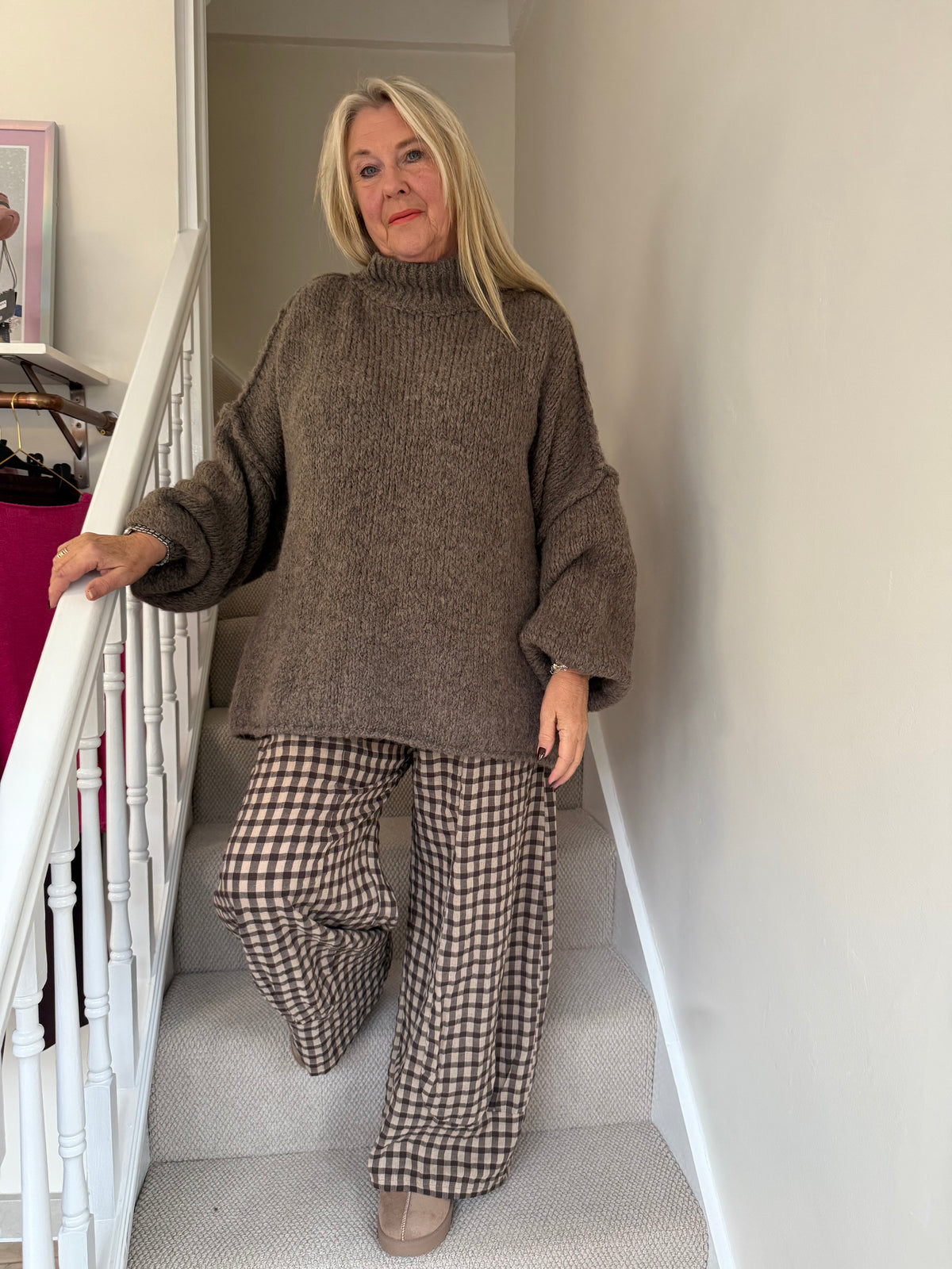 Warm Taupe Brown Funnel Neck Oversized Knit