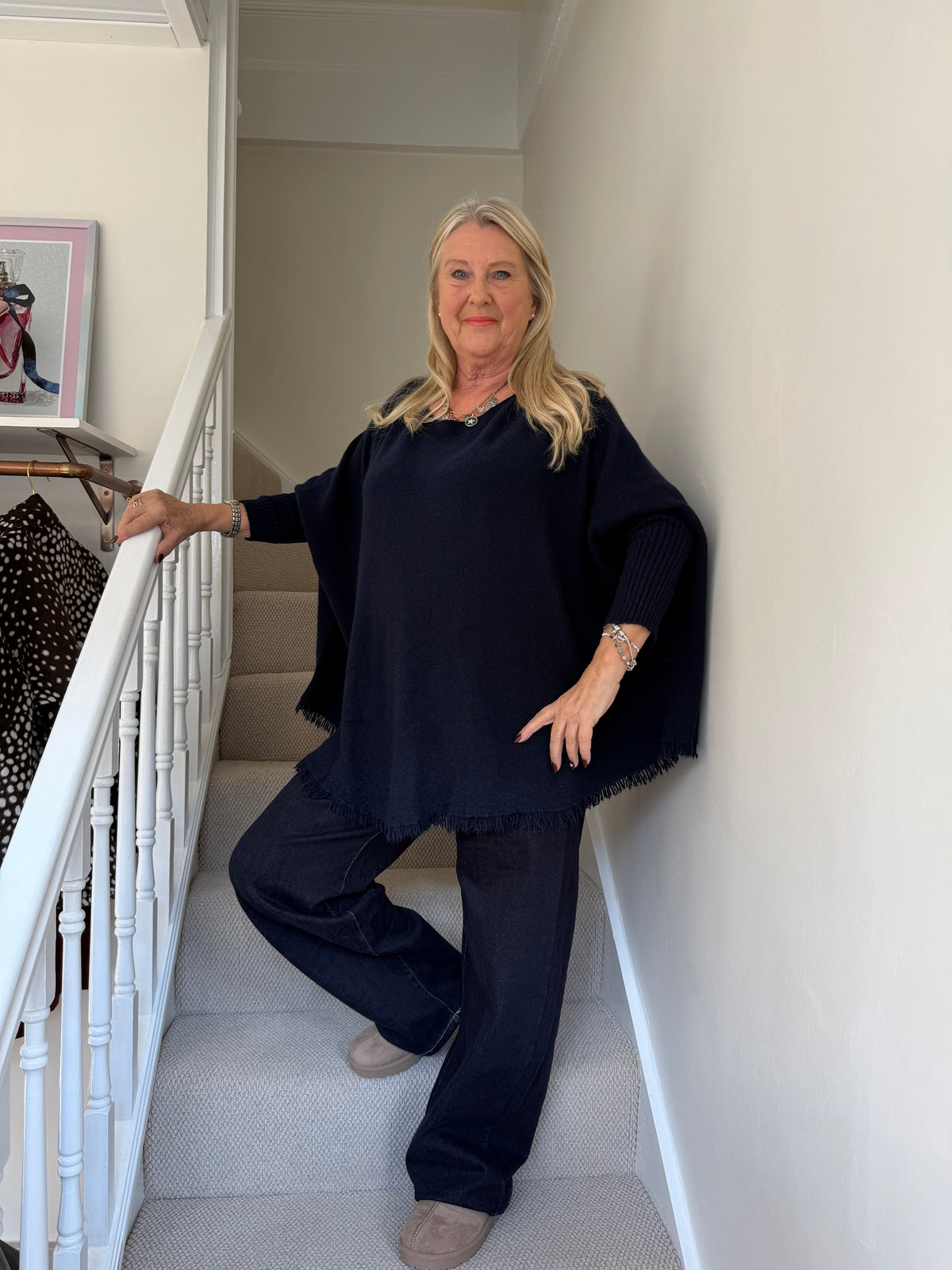 Navy Blue Erika Fringe Hem Batwing Top