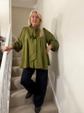 Olive Green Tie Neck Swing Blouse