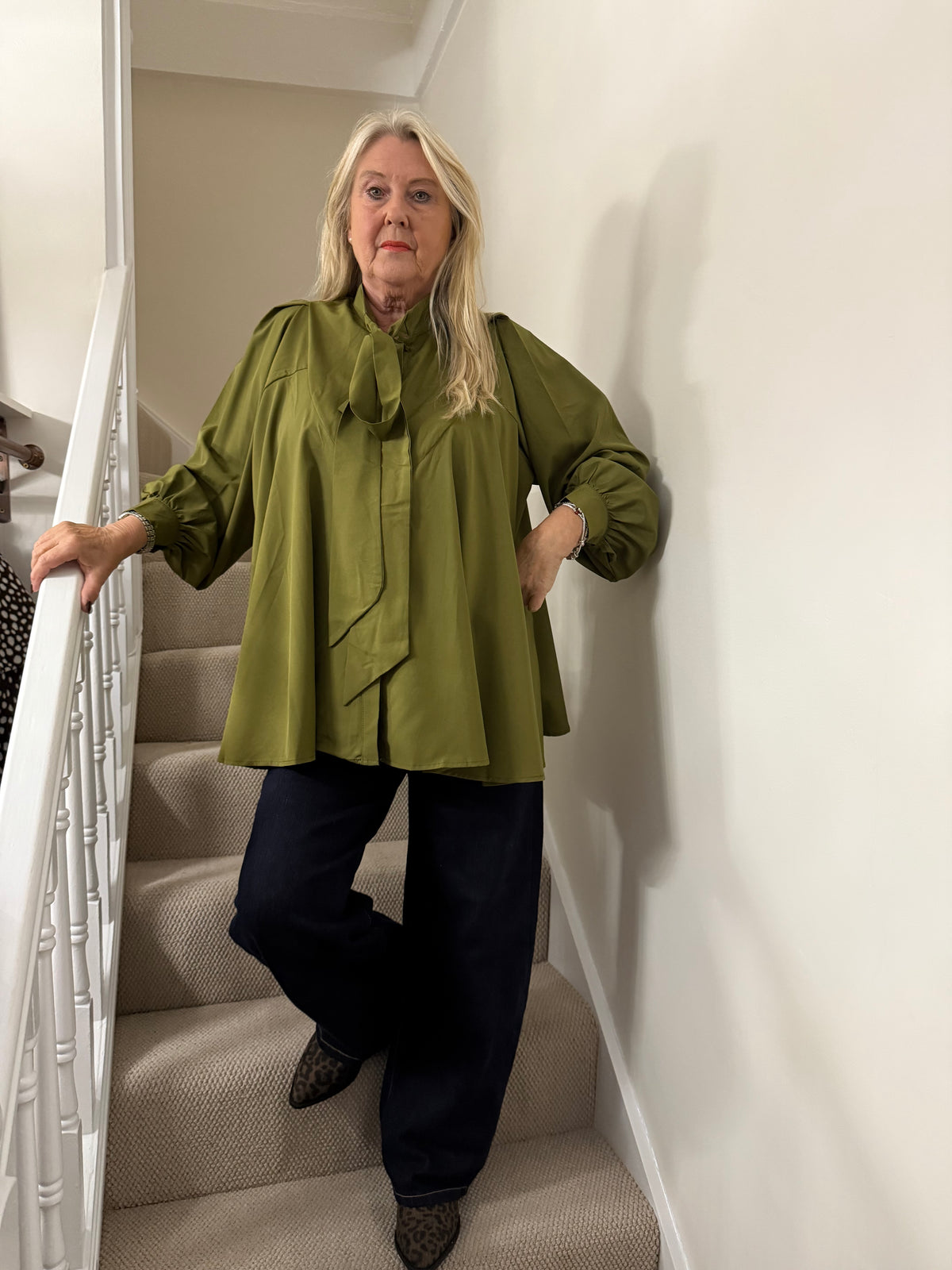 Olive Green Tie Neck Swing Blouse