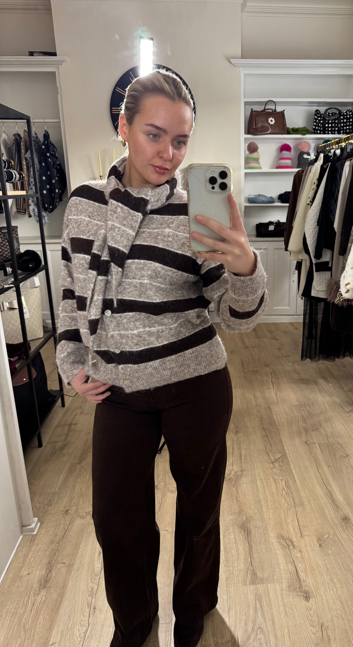 Brown Striped Cardigan With Removable Scarf