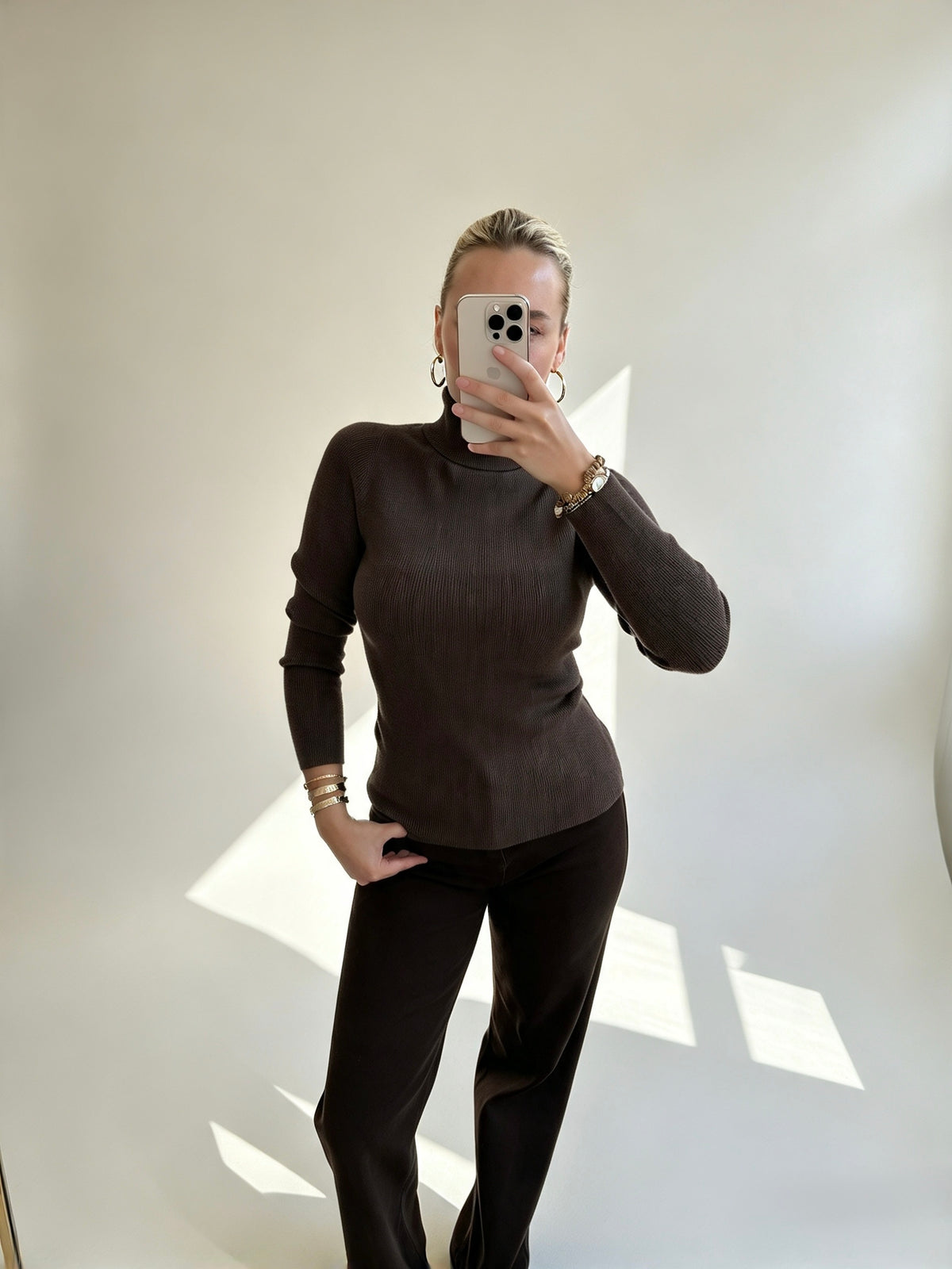 Deep Brown Ribbed Roll Neck Top