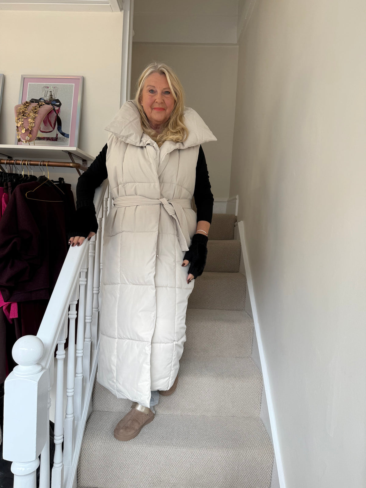 Cream Long Line Padded Gilet