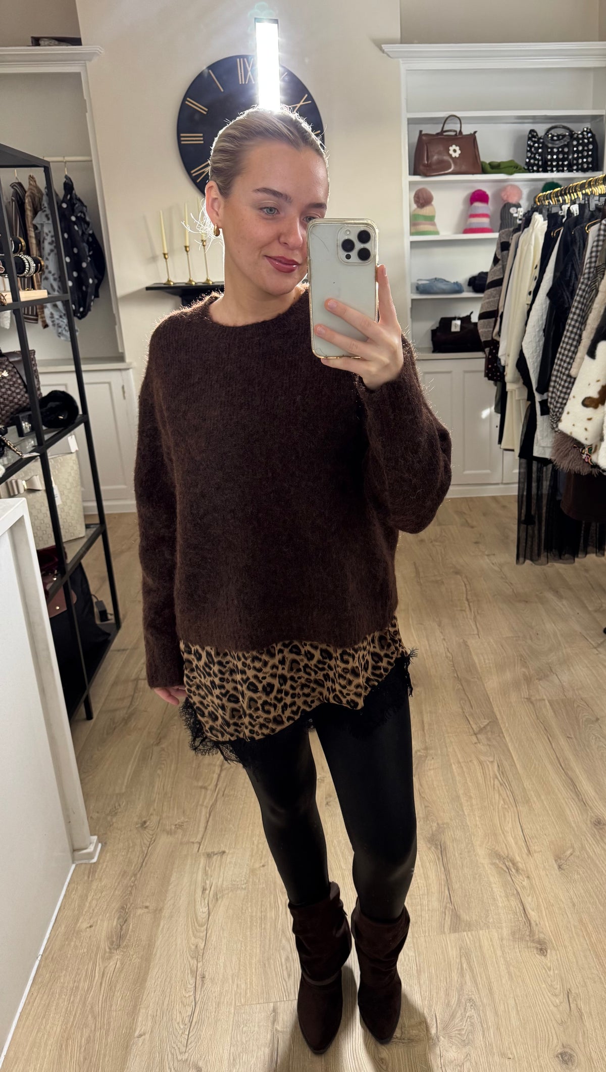 Brown Oversized Knit Jumper with Leopard Print Lace Hem