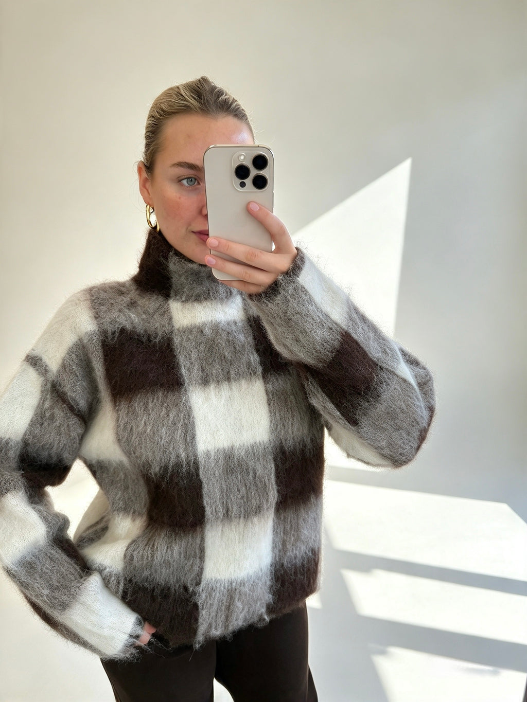 Brushed Check High Neck Jumper