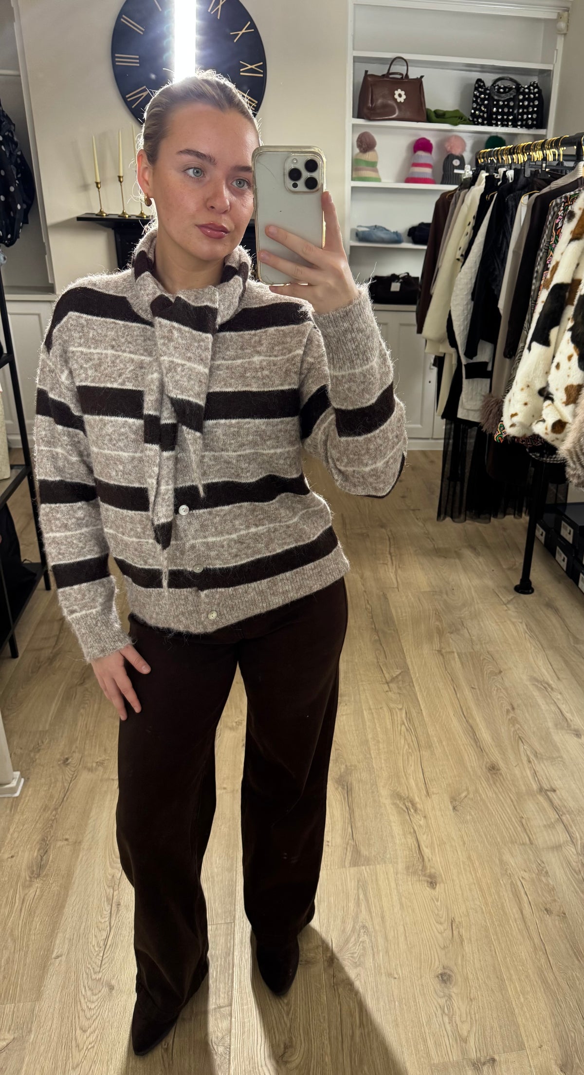 Brown Striped Cardigan With Removable Scarf
