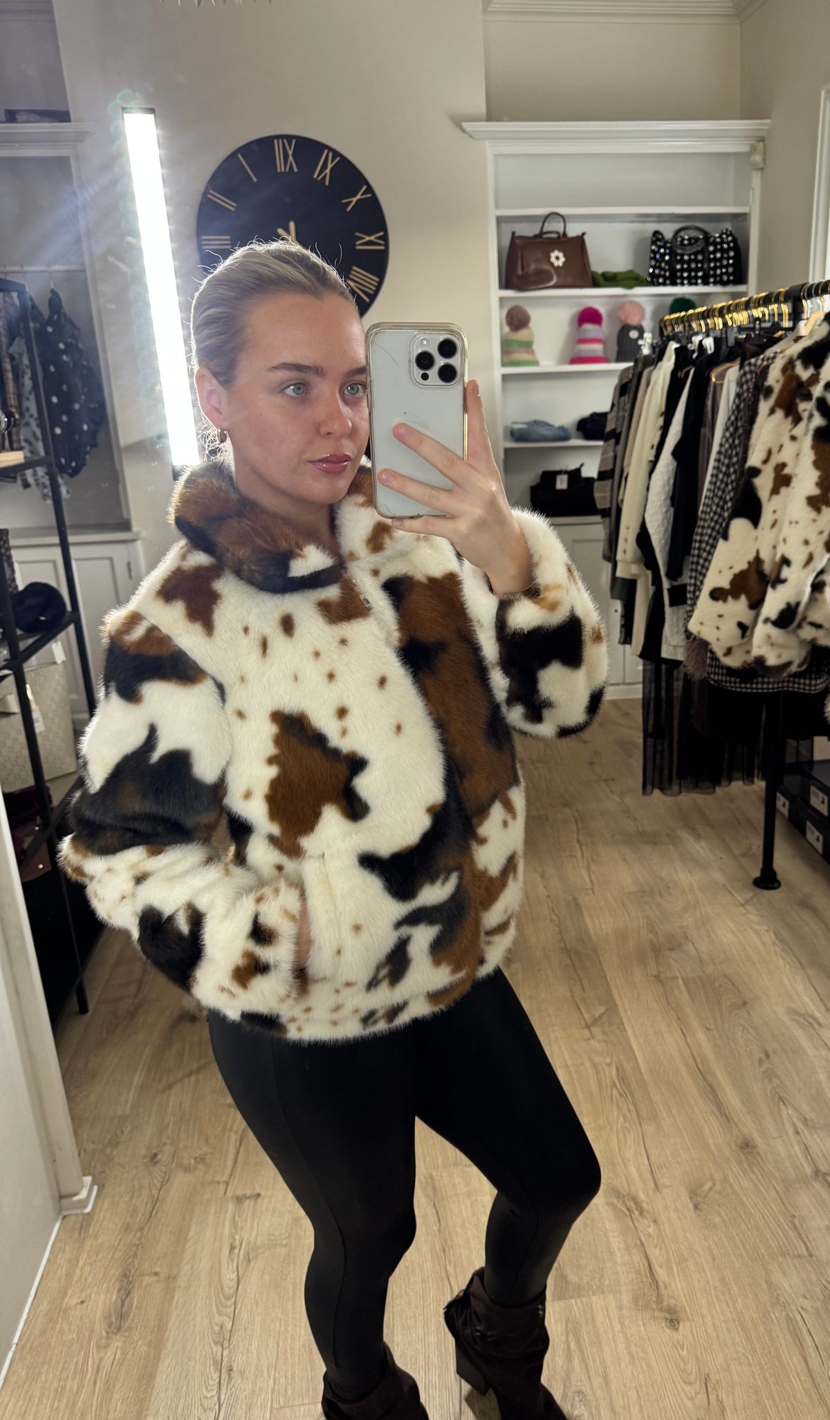 Alice Collins Cow Print Faux Fur Bomber Style Coat