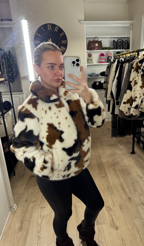 Alice Collins Cow Print Faux Fur Bomber Style Coat