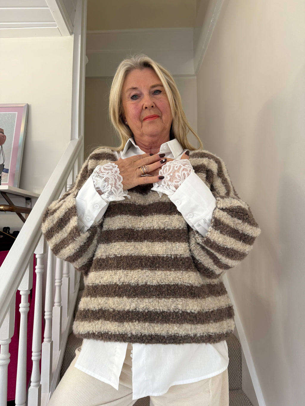Mocha Stripe V Neck Layer Jumper