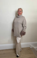 Malissa J Oatmeal Feather-Cuff Turtleneck Jumper